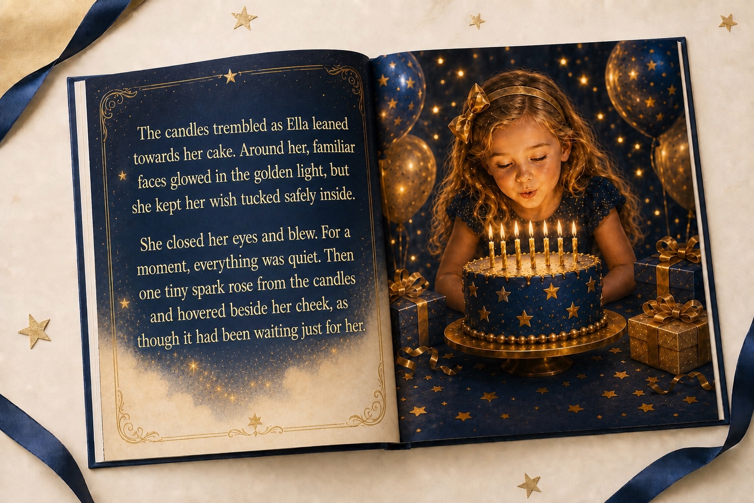 Open birthday book: gold story text on the left, Ella making a wish over her candlelit cake on the right