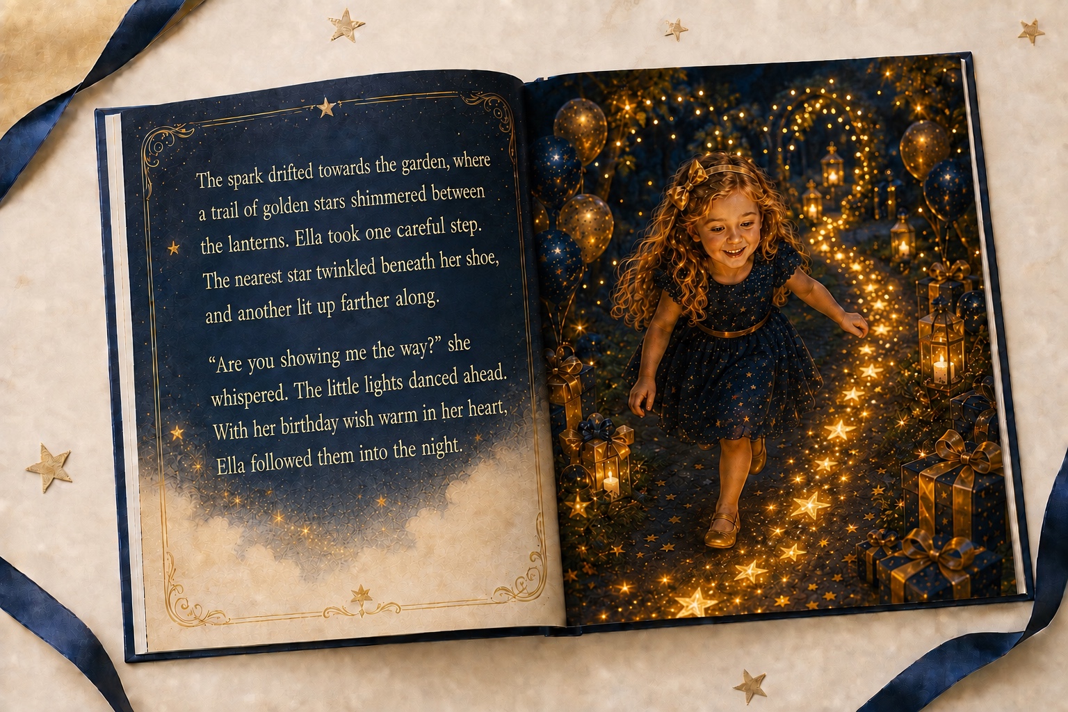 Open birthday book: Ella follows a glowing trail of golden stars through a garden of balloons and lanterns