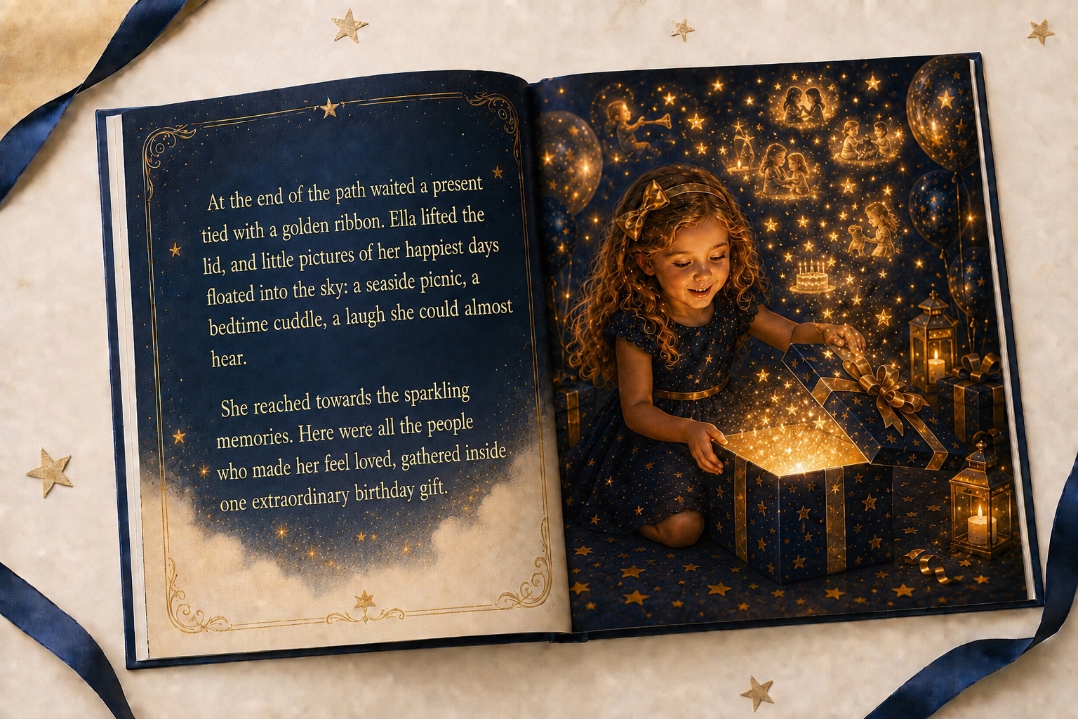 Open birthday book: Ella opens a navy and gold present as glowing illustrations of her happy memories fill the sky