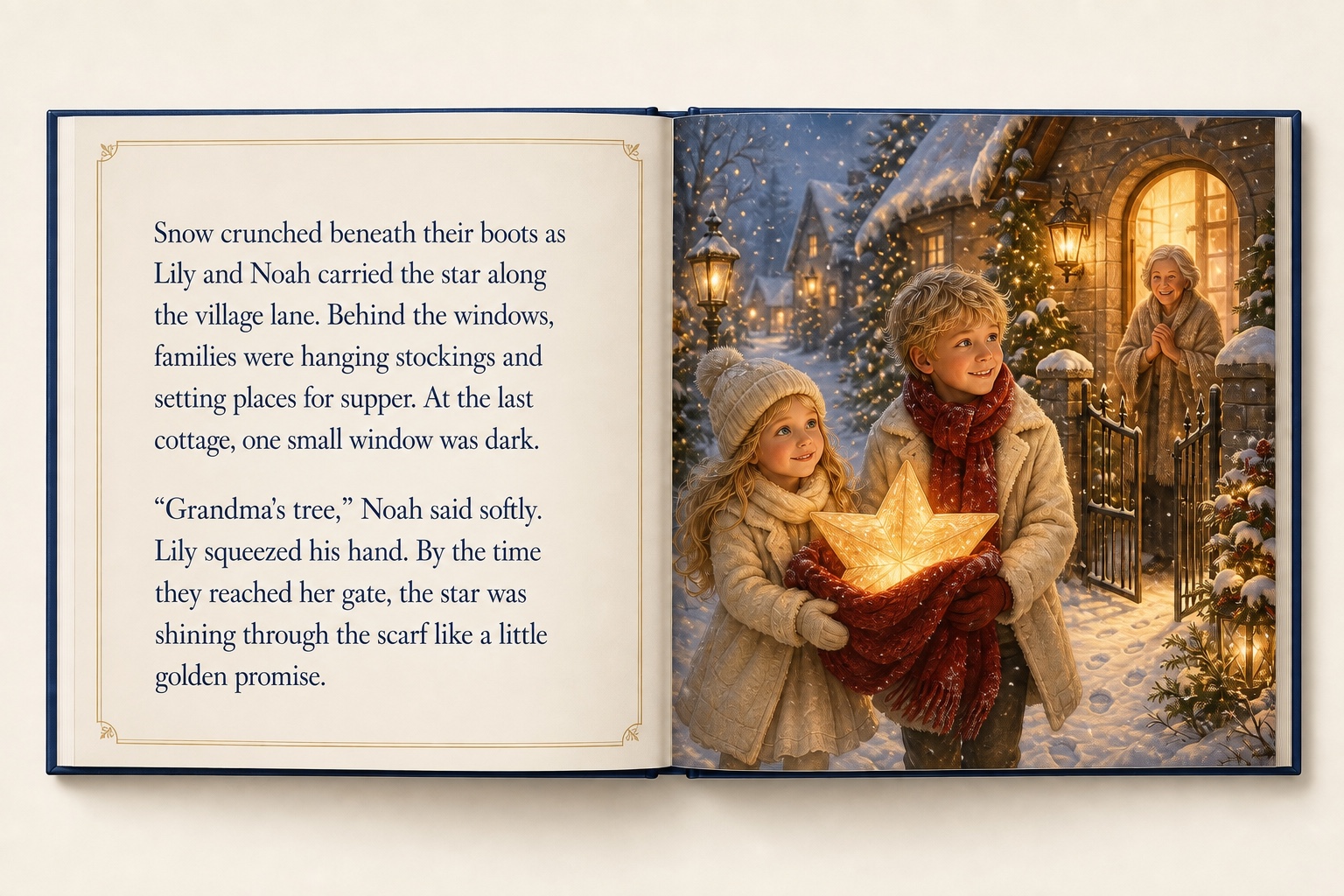 Open Christmas storybook with text on the left and Lily and Noah carrying a glowing star through a snowy village towards Grandma’s cottage on the right.