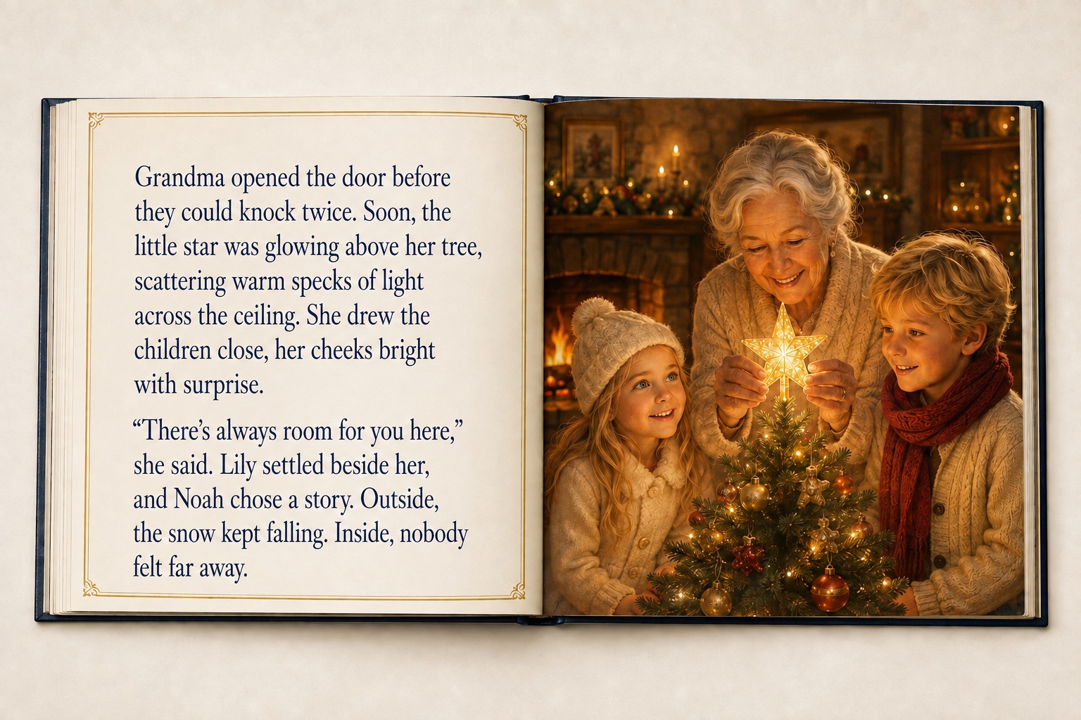 Open Christmas storybook with text on the left and Lily, Noah and their grandmother beside a glowing Christmas tree on the right.