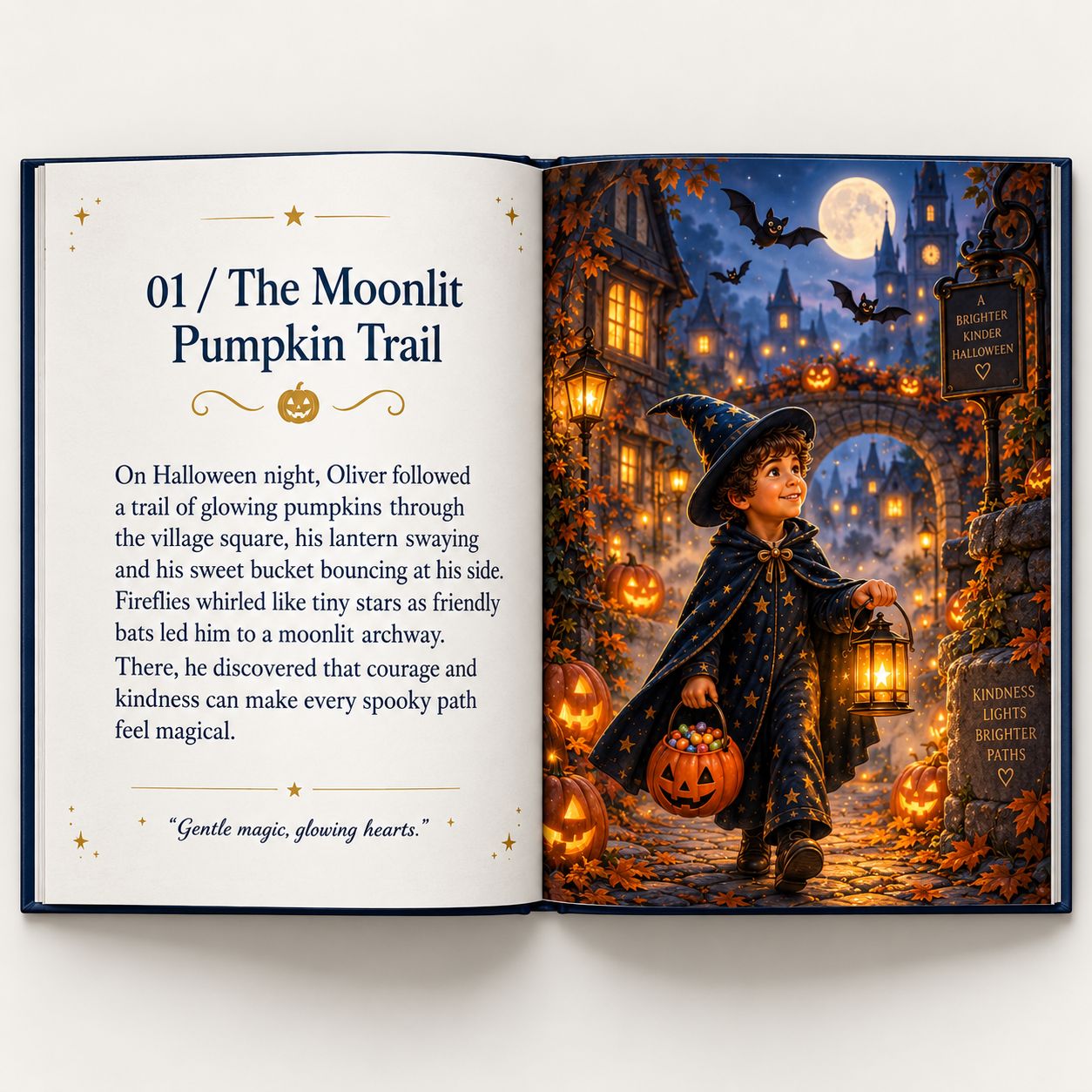 An open Halloween storybook showing Oliver following a glowing pumpkin trail through a moonlit village