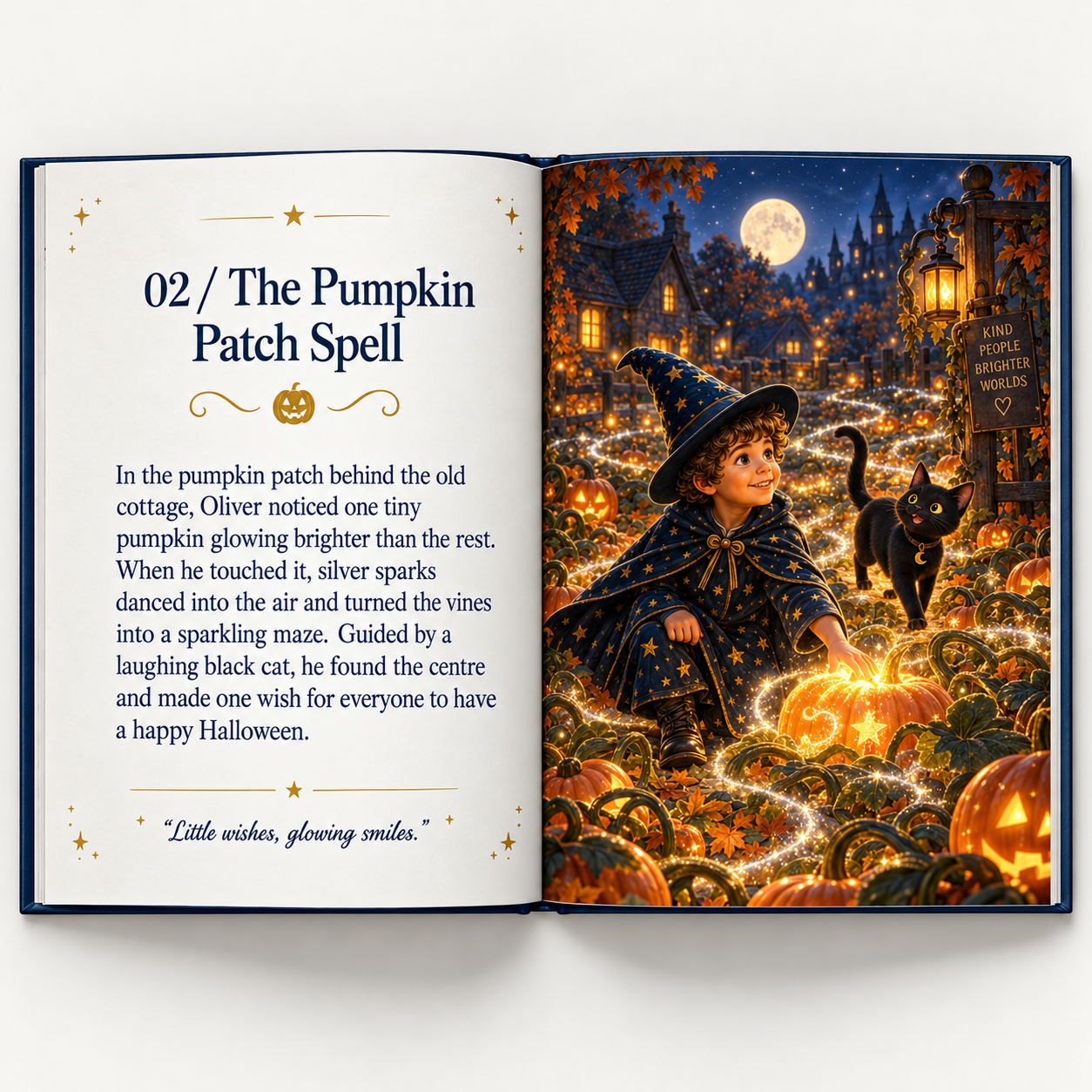 An open Halloween storybook showing Oliver discovering a glowing pumpkin spell with a friendly black cat
