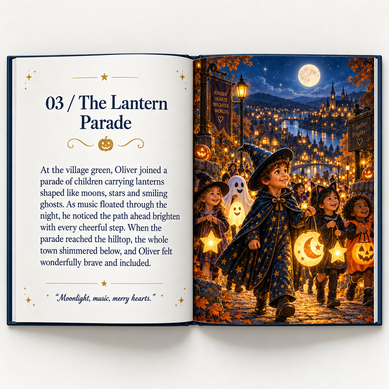 An open Halloween storybook showing Oliver leading a lantern parade of children through a glowing village