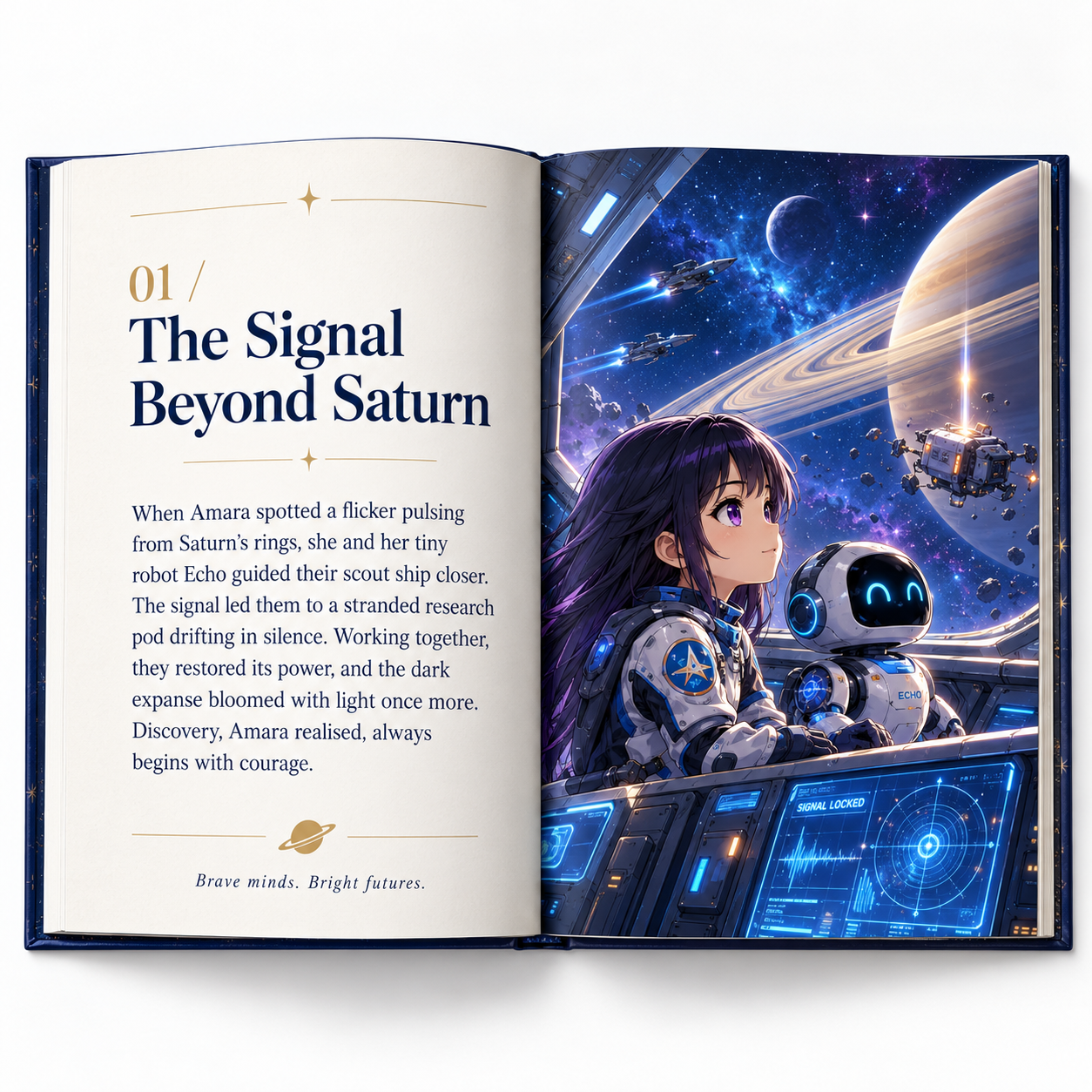 An open sci-fi storybook showing Amara and her robot Echo receiving a signal beyond Saturn
