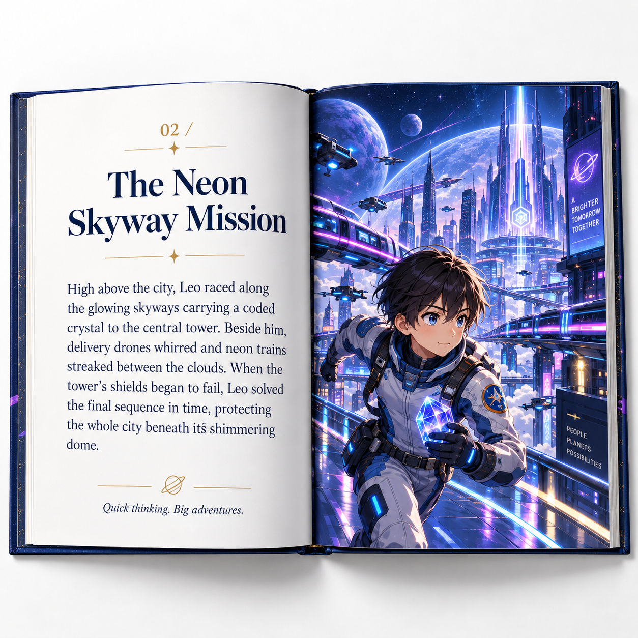 An open sci-fi storybook showing Leo racing through a neon city with a coded crystal