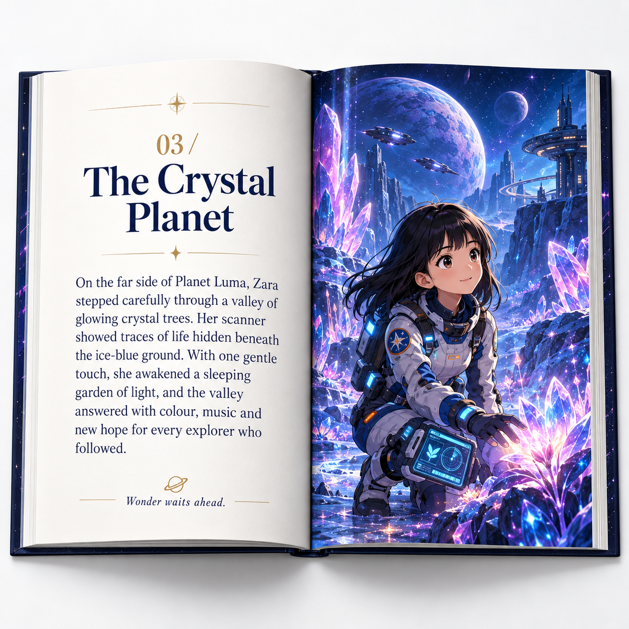 An open sci-fi storybook showing Zara exploring a glowing crystal planet