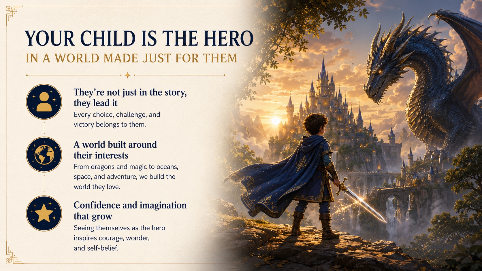 Your child is the hero in a world made just for them, facing a dragon and enchanted castle