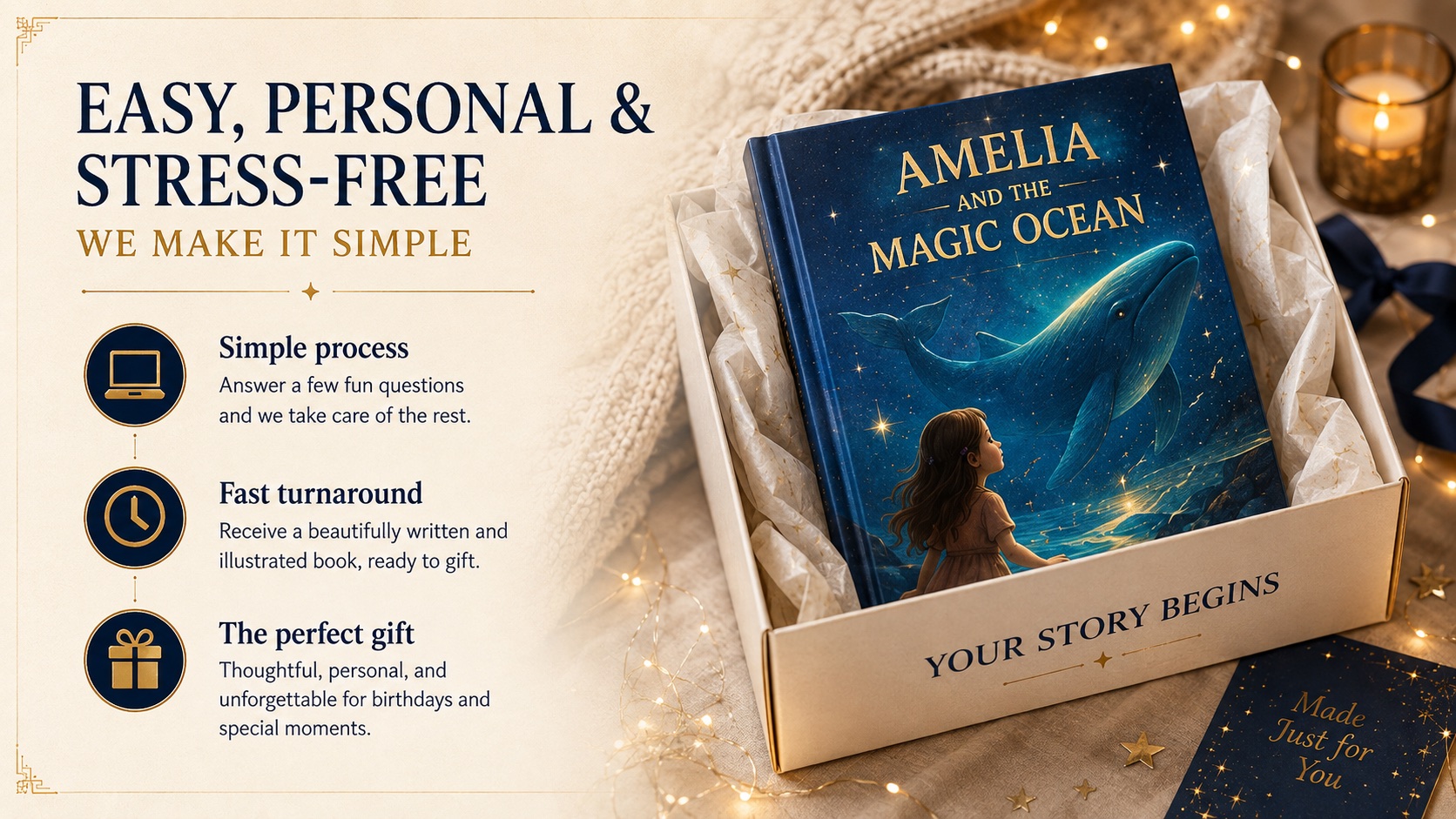 Easy, personal and stress-free gift experience with a finished personalised book