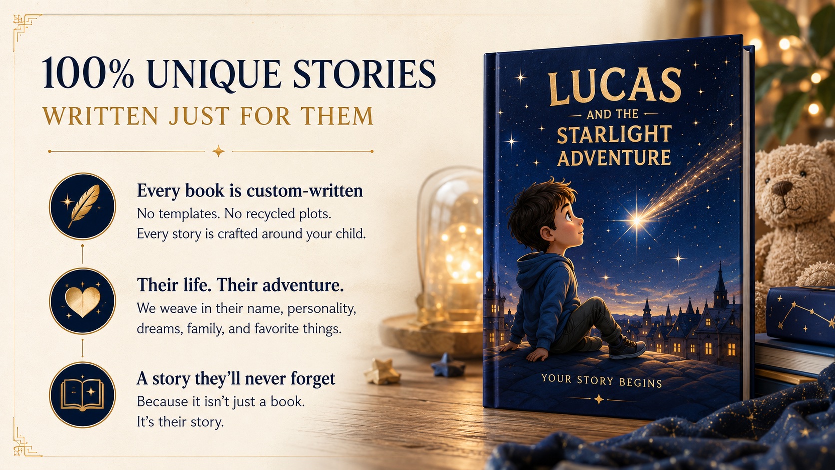 100% unique stories written just for them, with a personalised Starlight Adventure book
