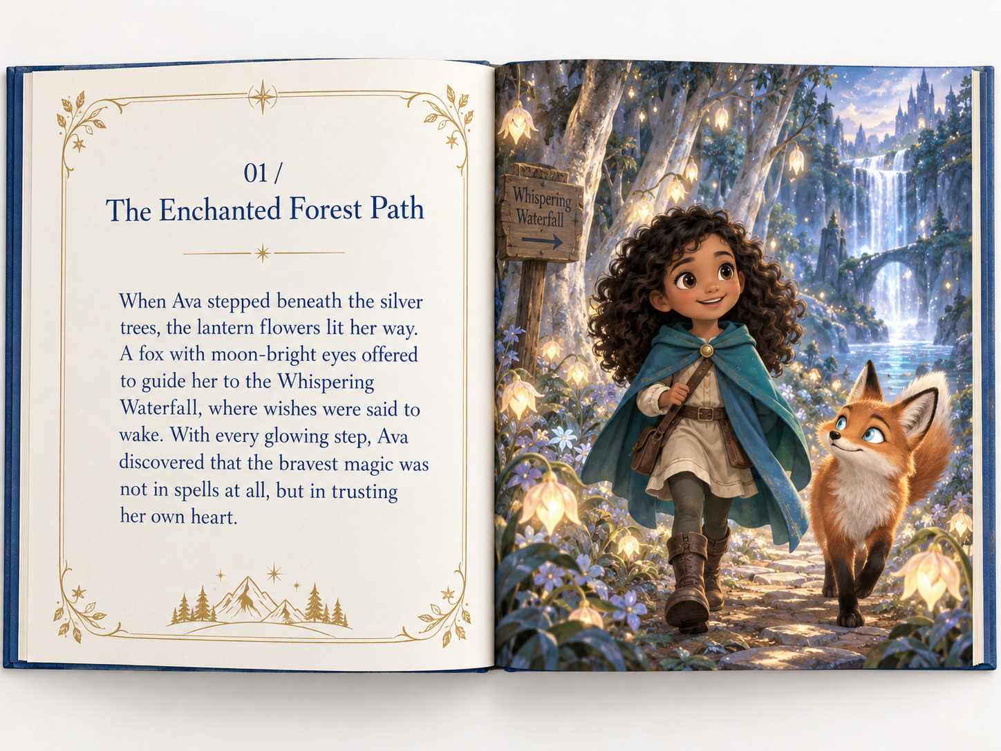 An open adventure storybook showing Ava following a fox along an enchanted forest path