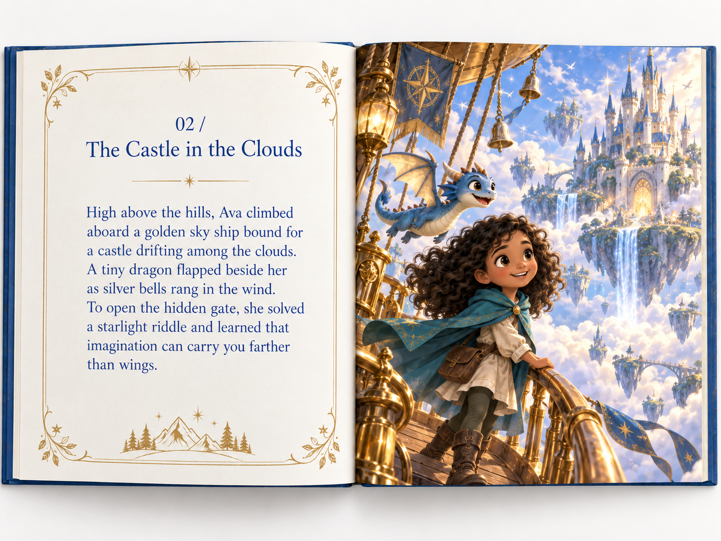 An open adventure storybook showing Ava aboard a golden sky ship beside a tiny dragon