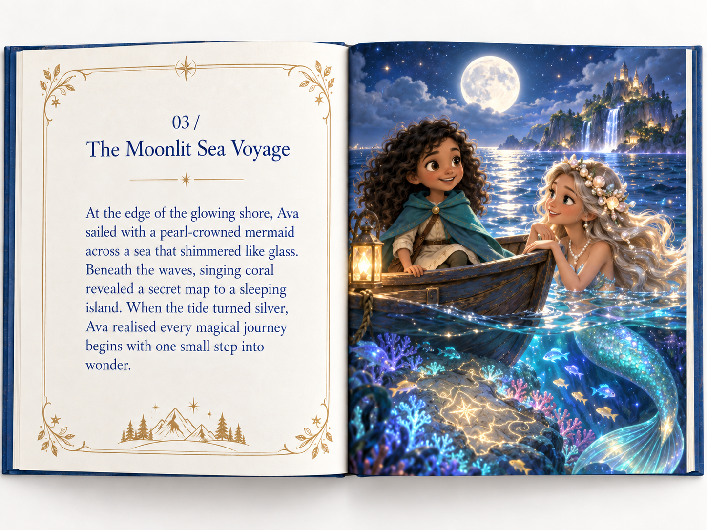 An open adventure storybook showing Ava sailing with a pearl-crowned mermaid across a glowing sea