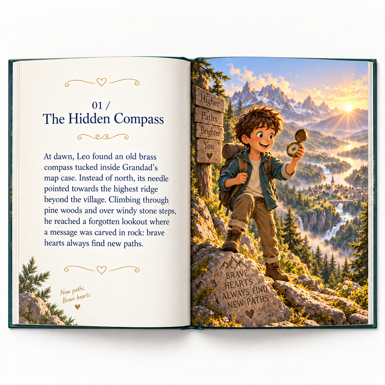 An open adventure storybook showing Leo discovering an old compass on a mountain path