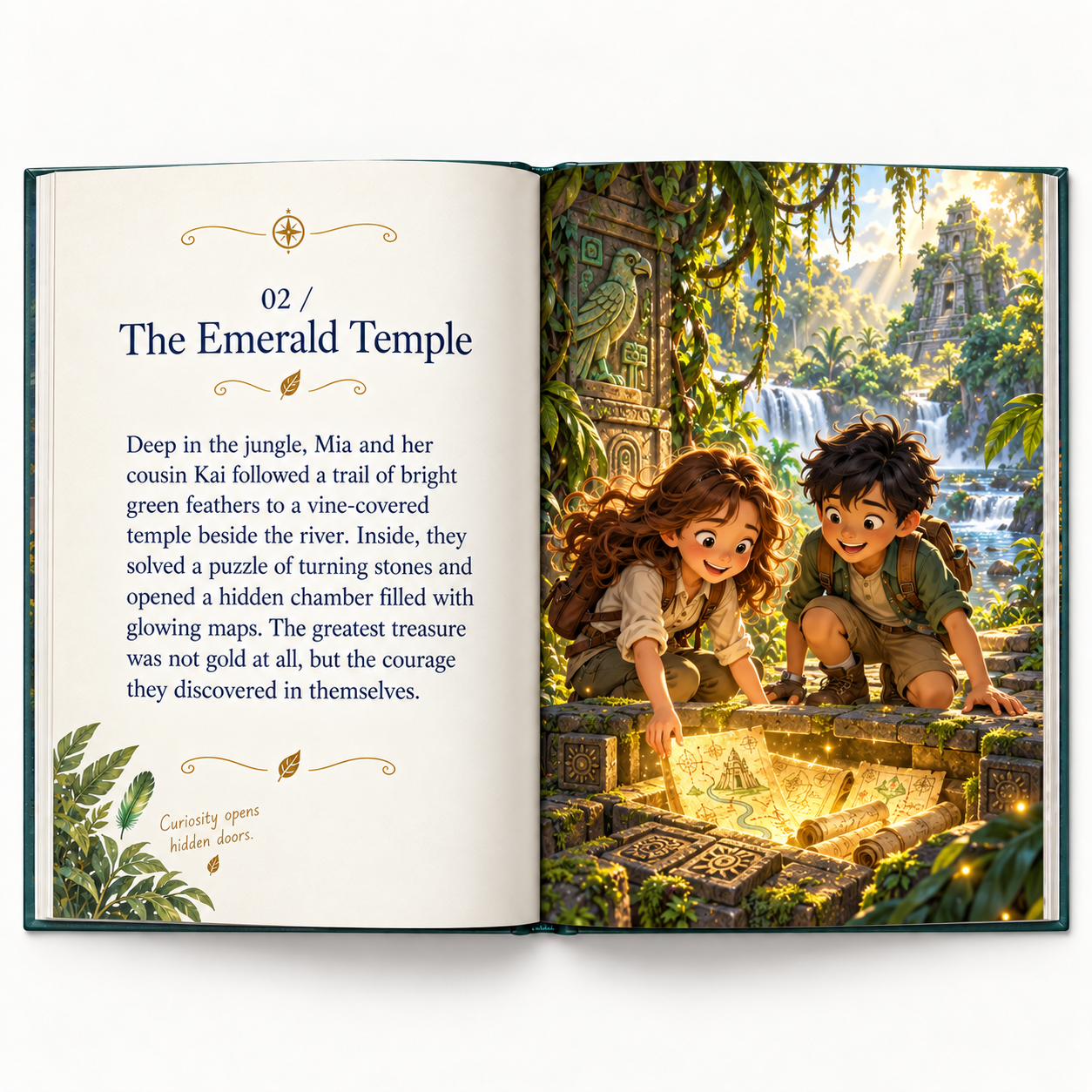 An open adventure storybook showing Mia and Kai discovering glowing maps at an emerald temple