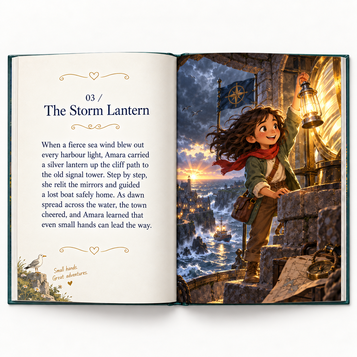 An open adventure storybook showing Amara lighting a storm lantern at an old signal tower