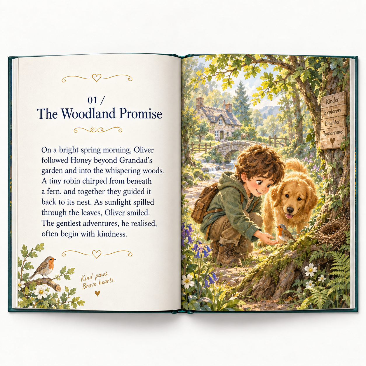 An open animal companion storybook showing Oliver and Honey helping a robin in the woodland