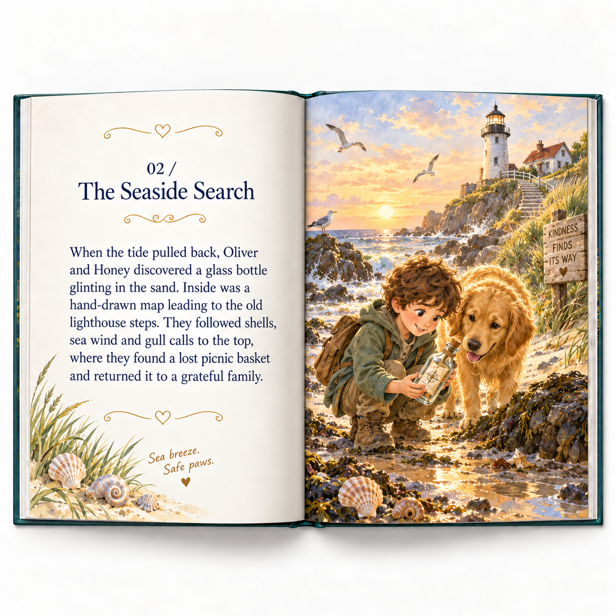 An open animal companion storybook showing Oliver and Honey discovering a message in a bottle beside a lighthouse