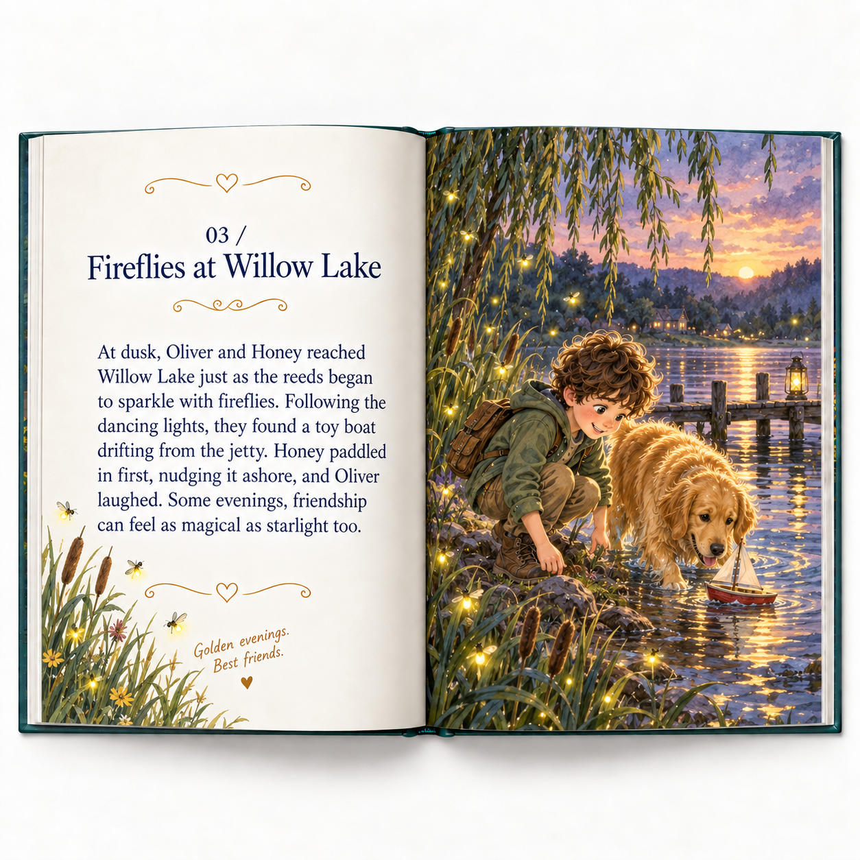 An open animal companion storybook showing Oliver and Honey beside Willow Lake as fireflies begin to glow