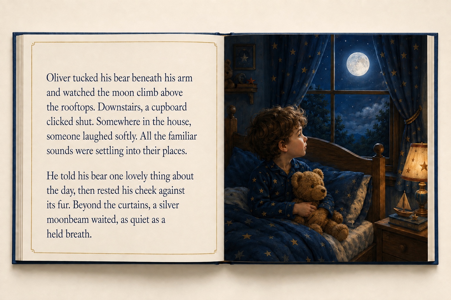 Open bedtime storybook with clear text on the left and Oliver holding his teddy bear in a cosy bedroom beneath a moonlit window on the right.