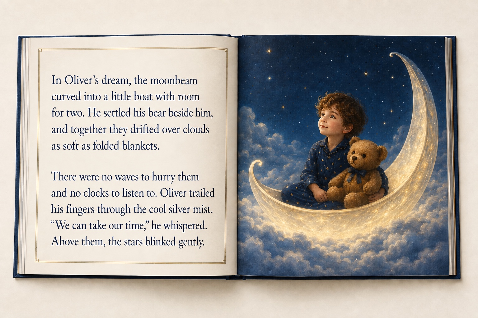 Open bedtime storybook with text on the left and Oliver and his teddy resting in a crescent-moon boat on soft clouds on the right.