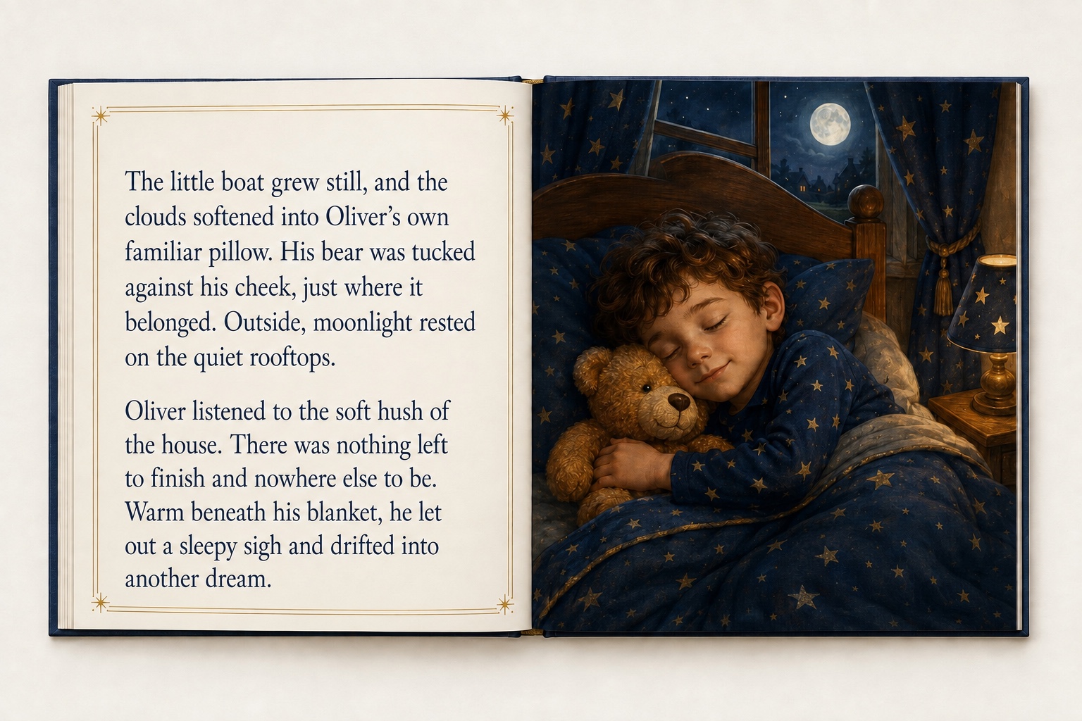 Open bedtime storybook with text on the left and Oliver sleeping peacefully beside his teddy under a star-patterned duvet on the right.