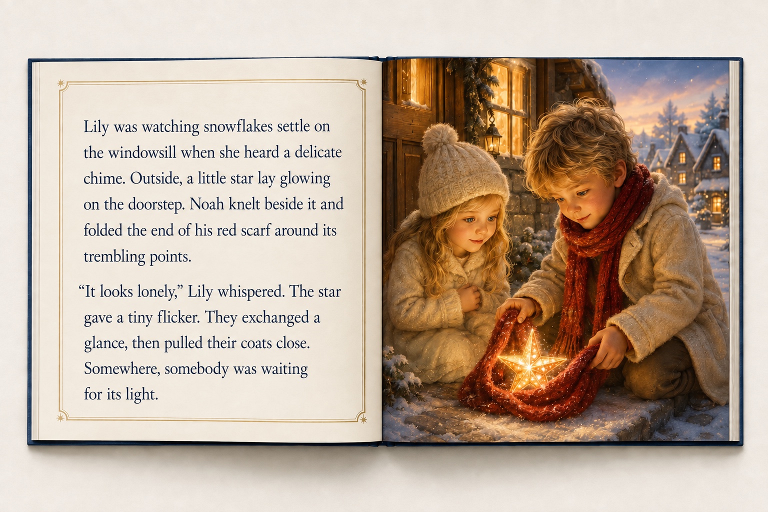 An open Christmas book with story text on the left and children discovering a glowing star on the right