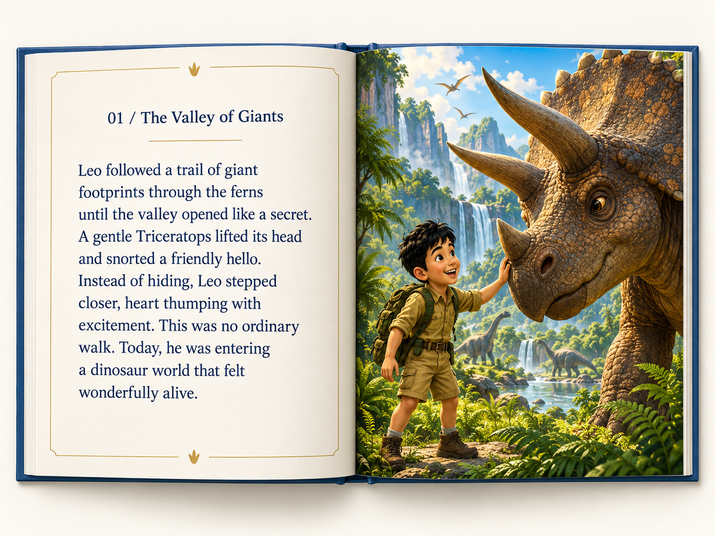 An open dinosaur storybook showing Leo meeting a friendly Triceratops in the Valley of Giants
