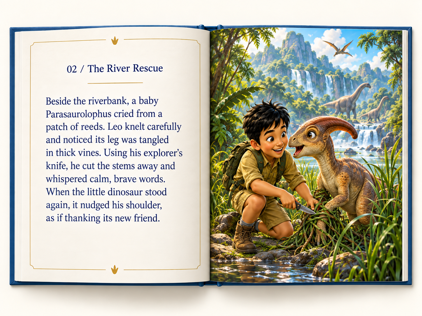 An open dinosaur storybook showing Leo helping a baby Parasaurolophus beside a river