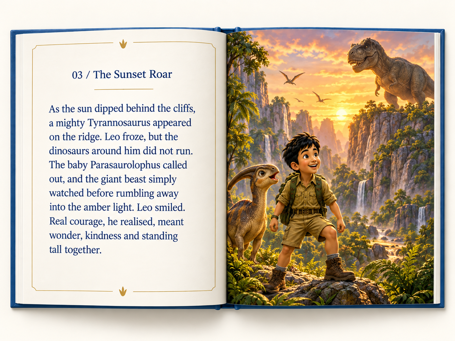 An open dinosaur storybook showing Leo watching a Tyrannosaurus at sunset with a baby Parasaurolophus
