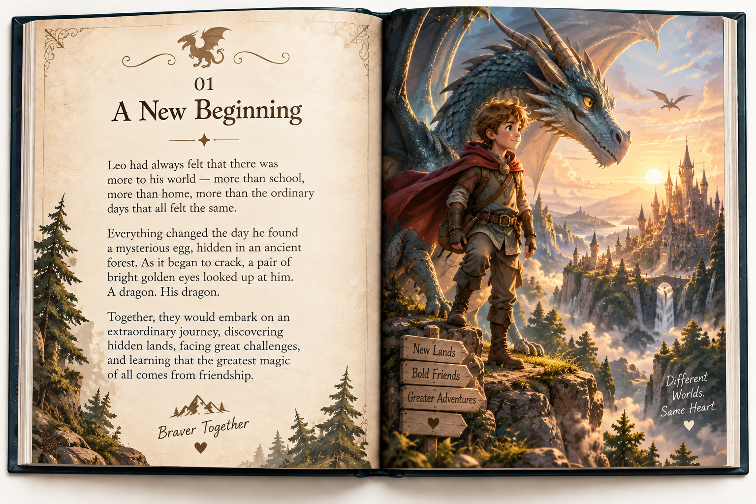 An open fantasy storybook showing Leo beginning an adventure with a dragon in a magical mountain world