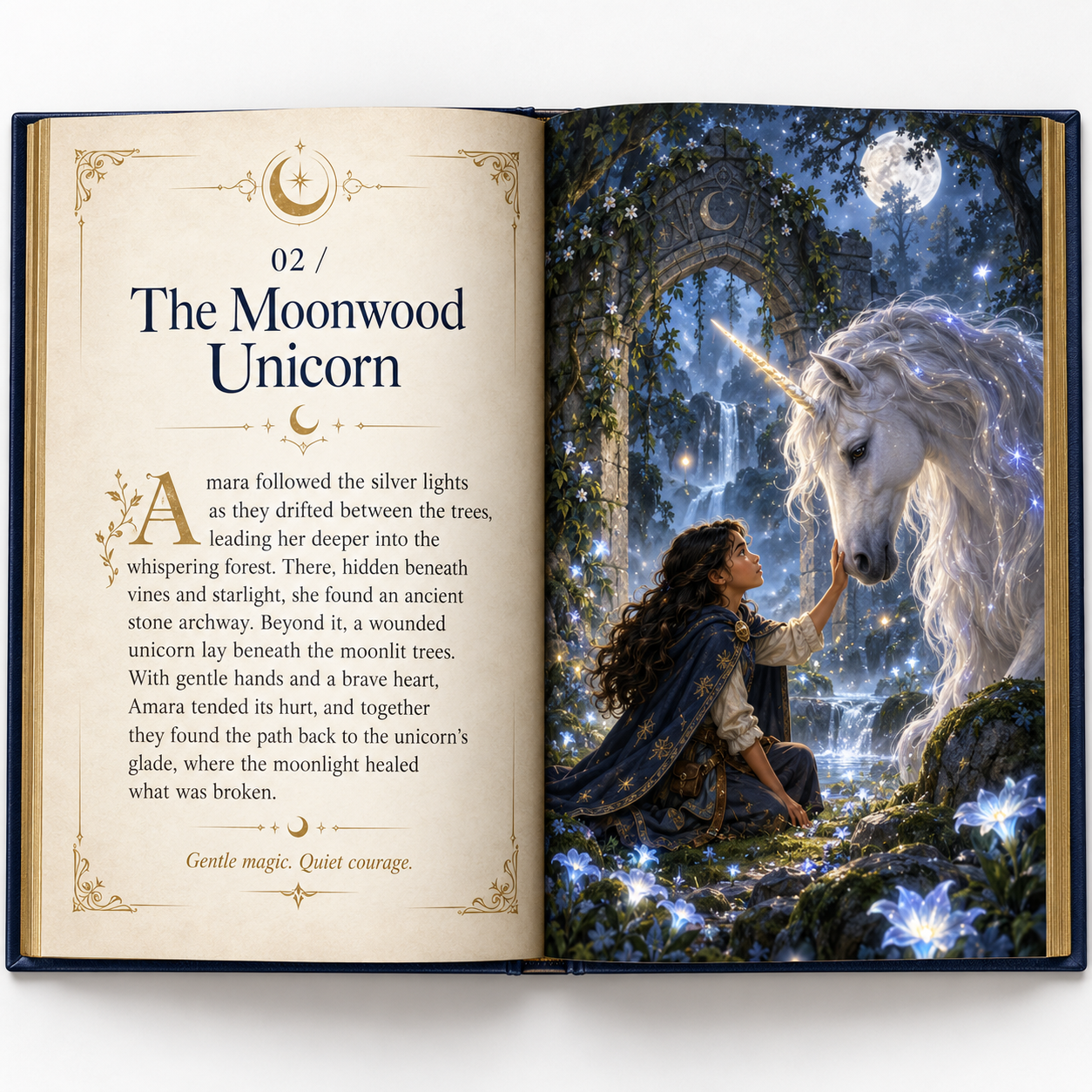 An open fantasy storybook showing Amara caring for a wounded unicorn in the moonwood