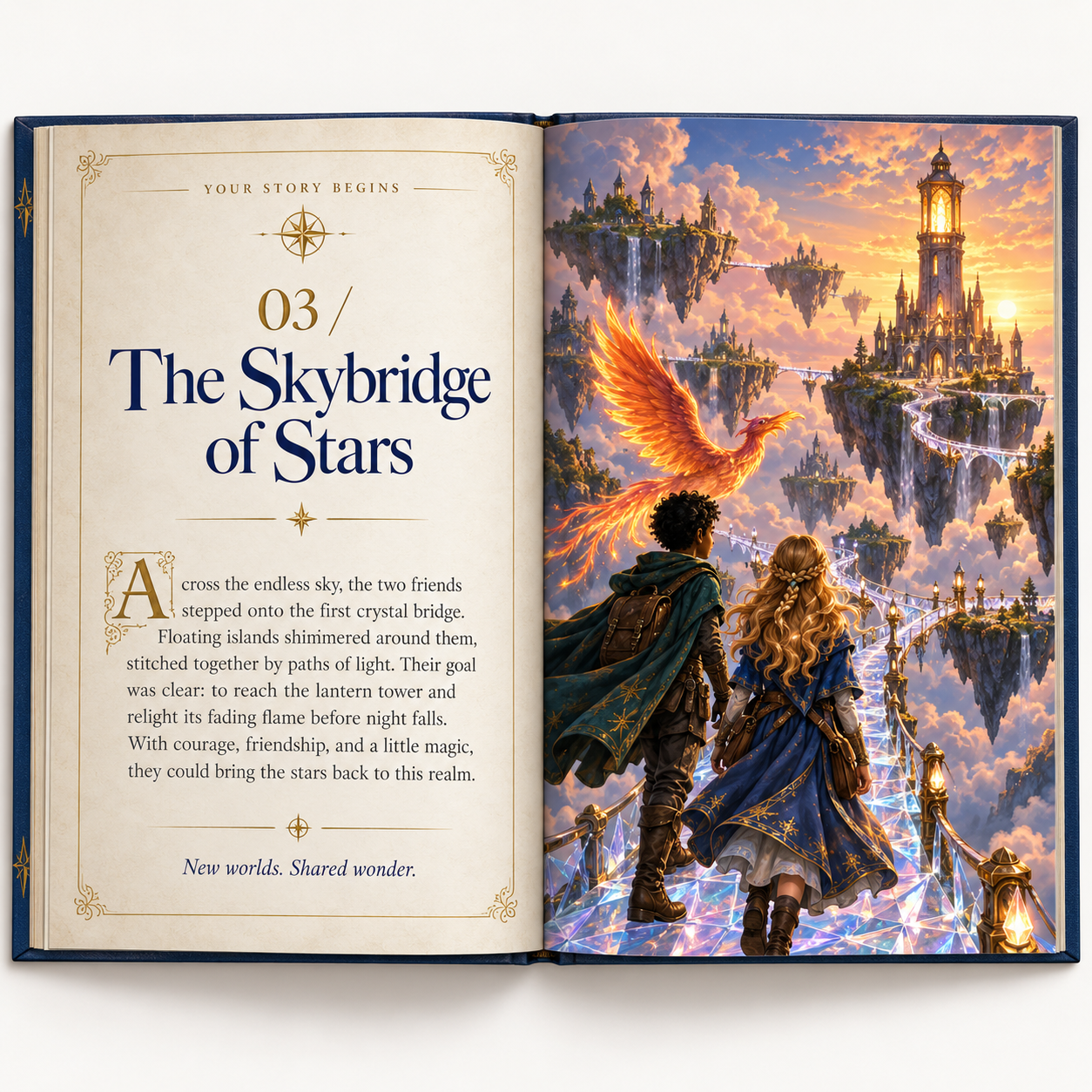 An open fantasy storybook showing two friends crossing a crystal skybridge between floating islands