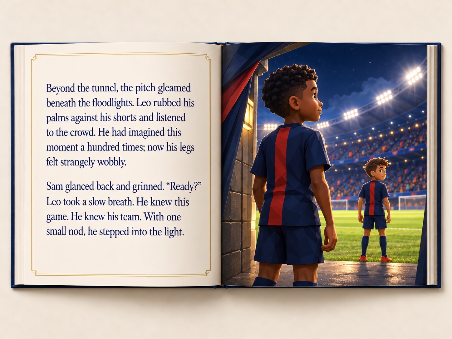 Open football storybook with clear text on the left and Leo in a navy and red kit looking out from the tunnel towards the floodlit pitch on the right.