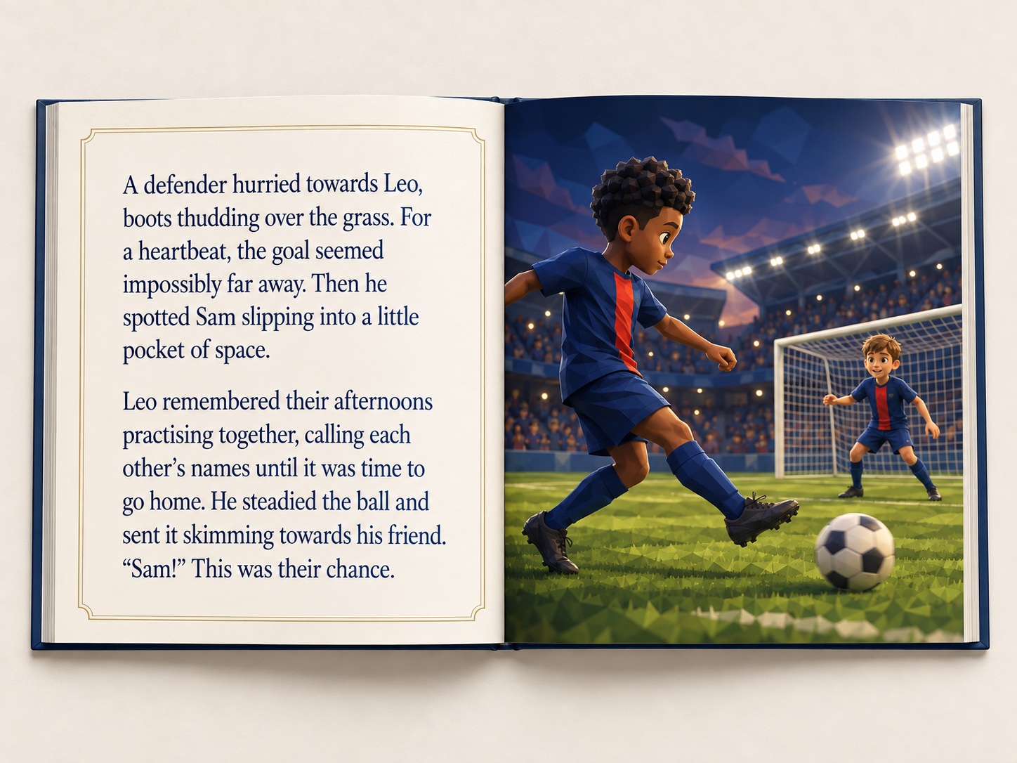 Open football storybook with text on the left and Leo passing the ball to his teammate Sam on the right.
