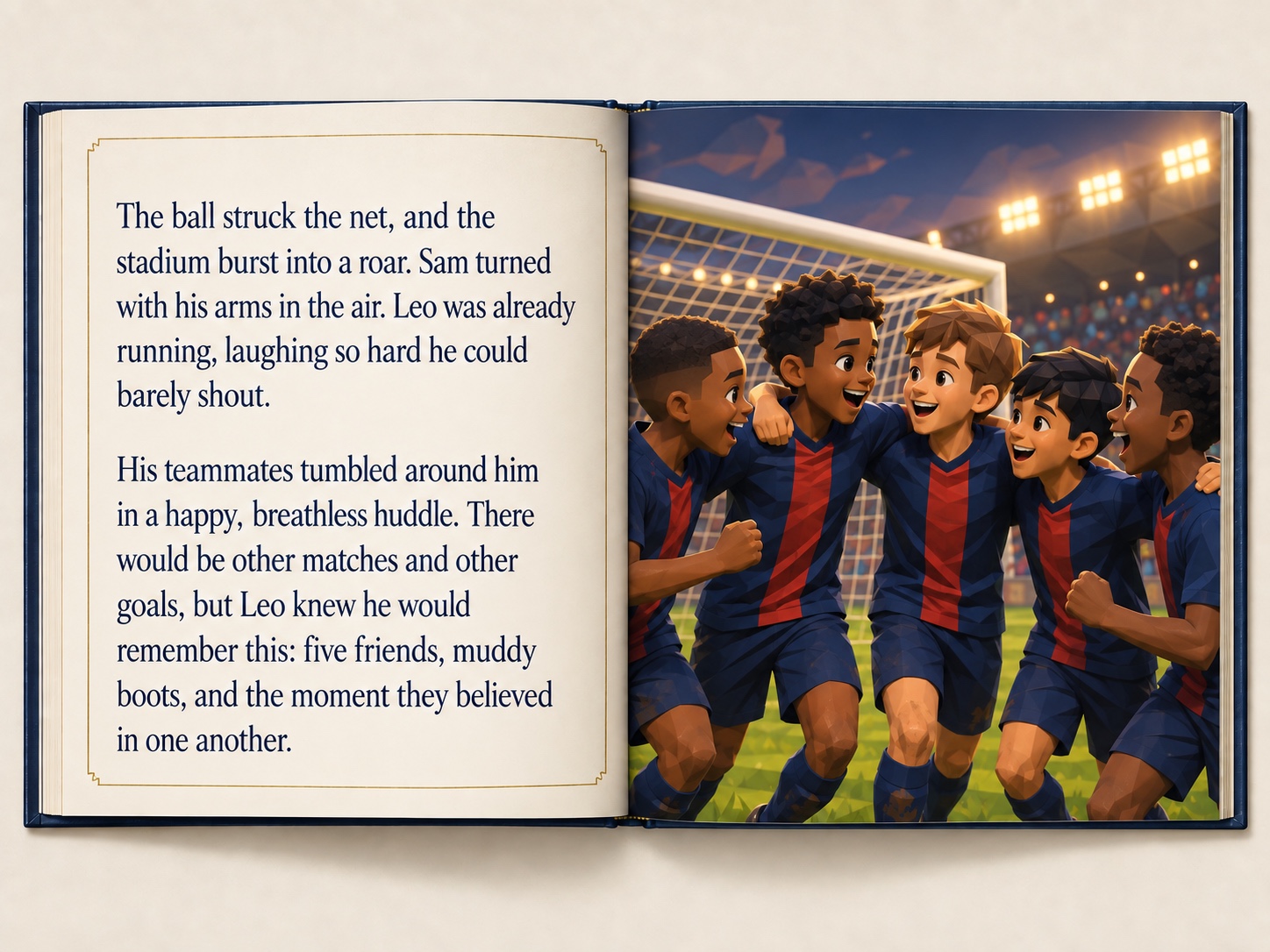 Open football storybook with text on the left and Leo celebrating a goal with his teammates under warm stadium lights on the right.