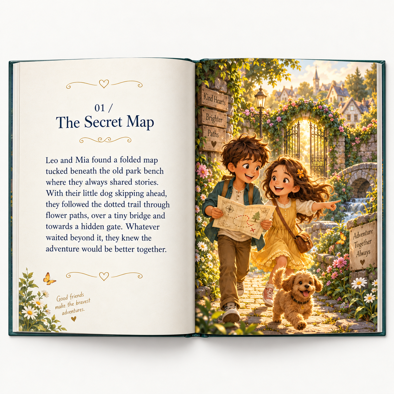 An open friendship storybook showing Leo, Mia and their dog following a secret map through a flower-filled village