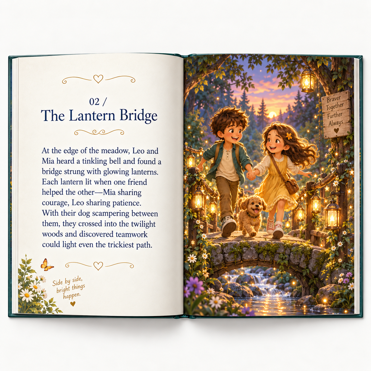 An open friendship storybook showing Leo and Mia crossing a glowing lantern bridge with their dog