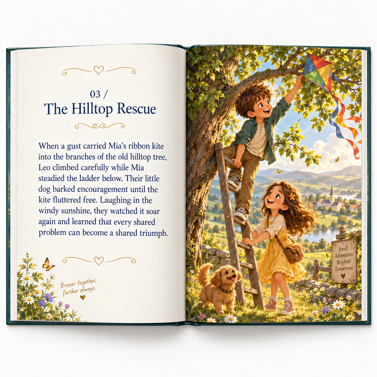 An open friendship storybook showing Leo rescuing Mia’s kite from a hilltop tree while their dog watches