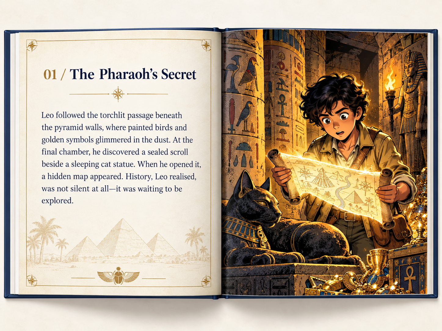 An open historical storybook showing Leo discovering a secret scroll beside an Egyptian cat statue