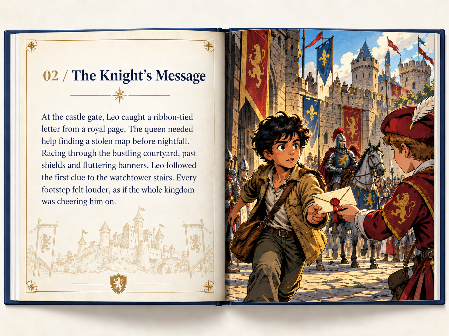 An open historical storybook showing Leo helping a young messenger raise a Roman eagle standard