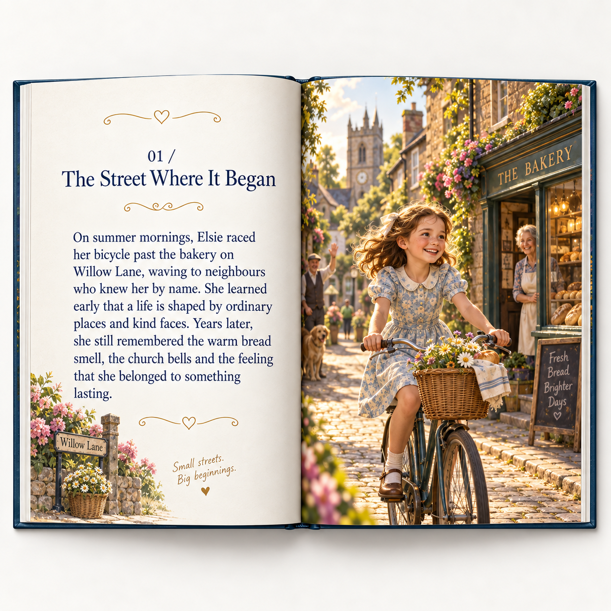 An open life storybook showing Elsie cycling past the bakery on Willow Lane