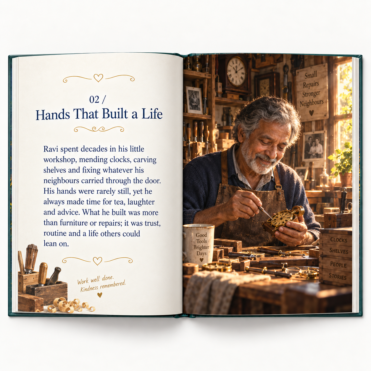 An open life storybook showing Ravi repairing a clock in his workshop