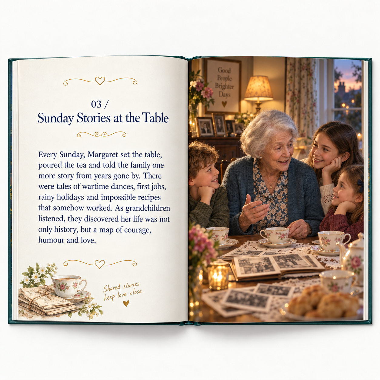 An open life storybook showing Margaret sharing family stories with her grandchildren at a table