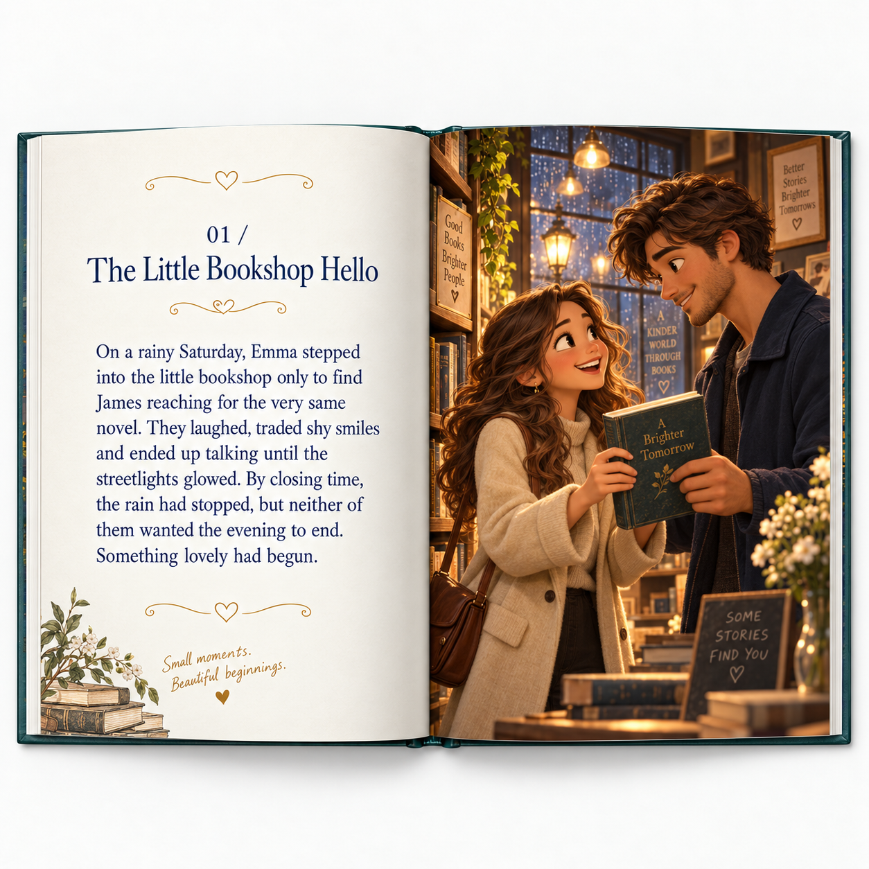 An open love storybook showing Emma and James meeting in a little bookshop