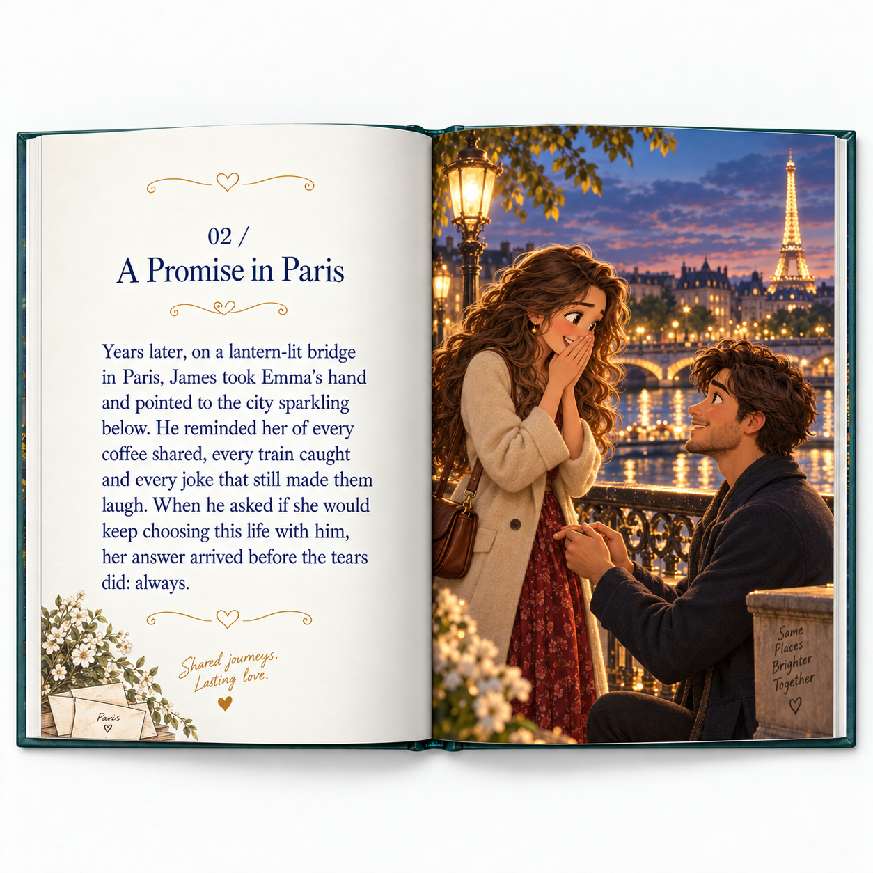 An open love storybook showing James proposing to Emma beside the Seine in Paris