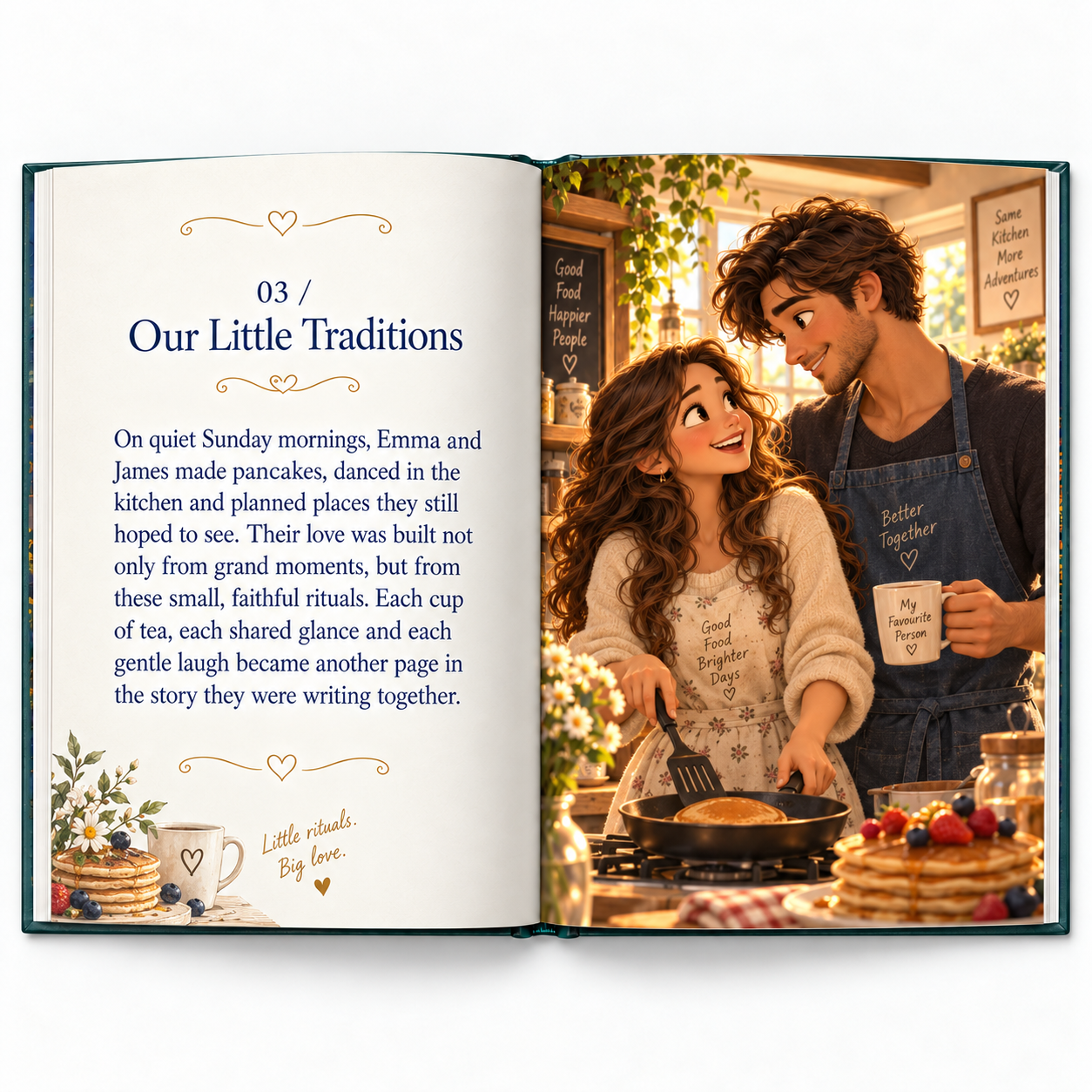 An open love storybook showing Emma and James making pancakes together in their kitchen