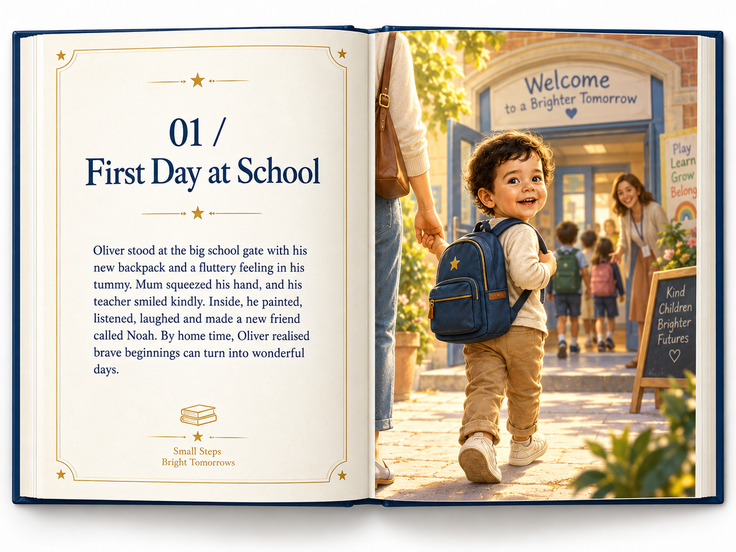 An open milestone storybook showing Oliver arriving at school for his first day with Mum