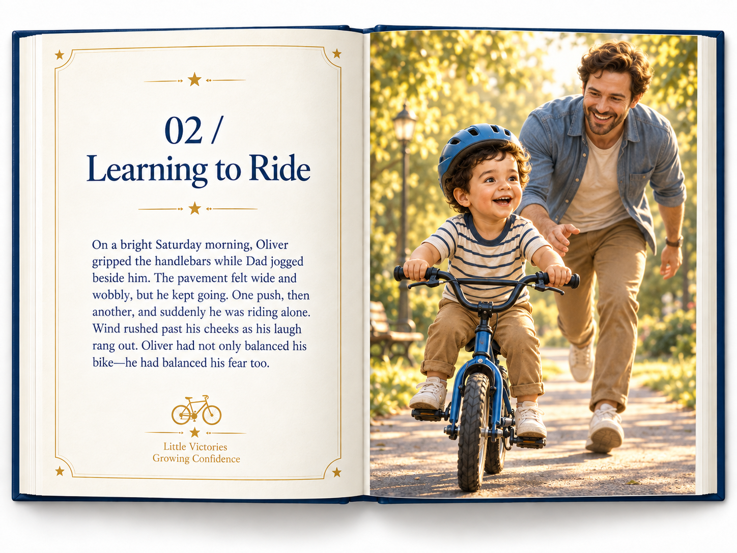 An open milestone storybook showing Oliver learning to ride a bicycle while Dad runs beside him