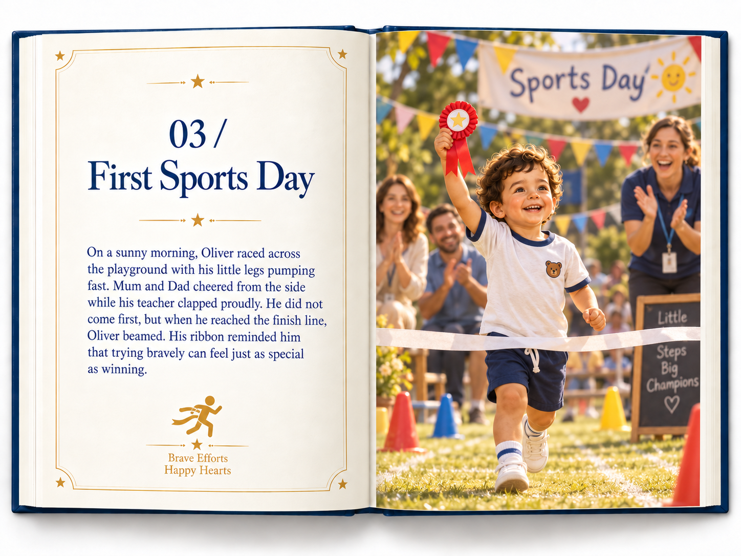 An open milestone storybook showing Oliver crossing the finish line at his first sports day while his family cheers